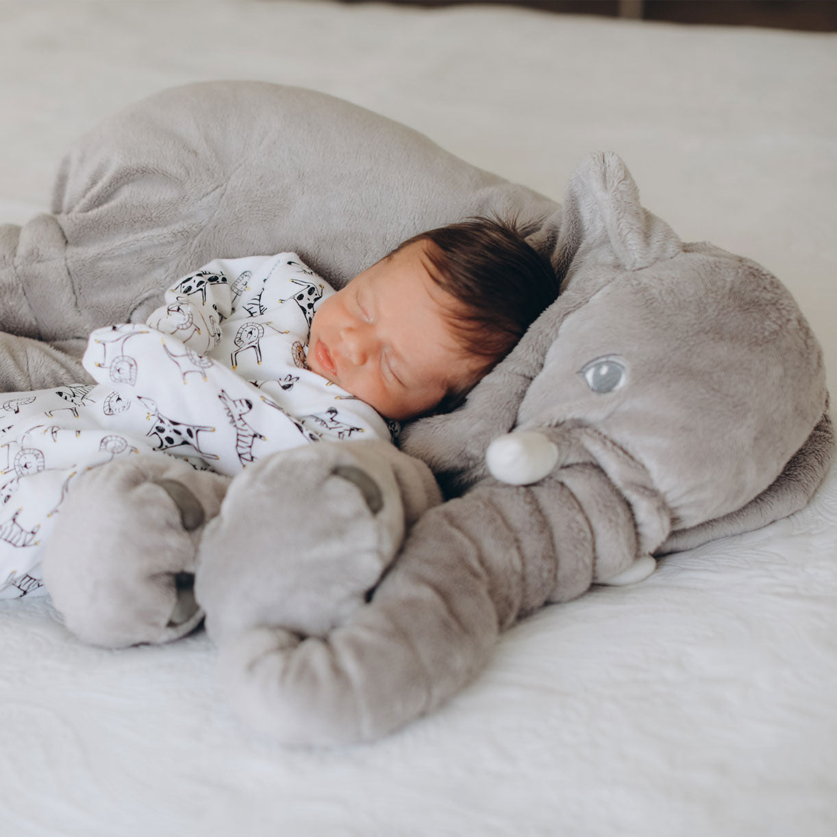 Purple elephant cuddle pillow displayed in 40 cm size for babies