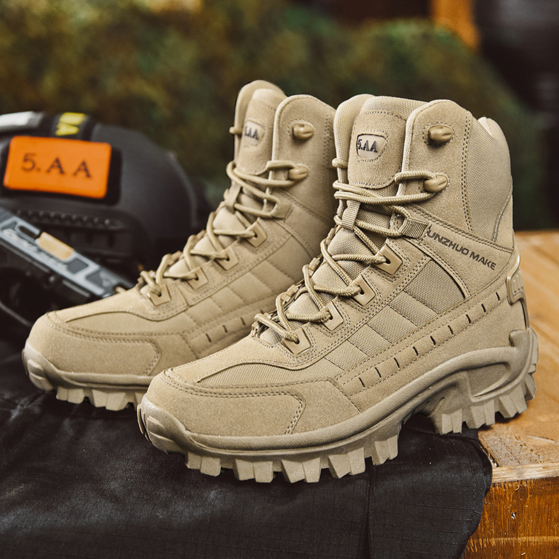 Detail of military boot quick-lace system with robust metal eyelets
