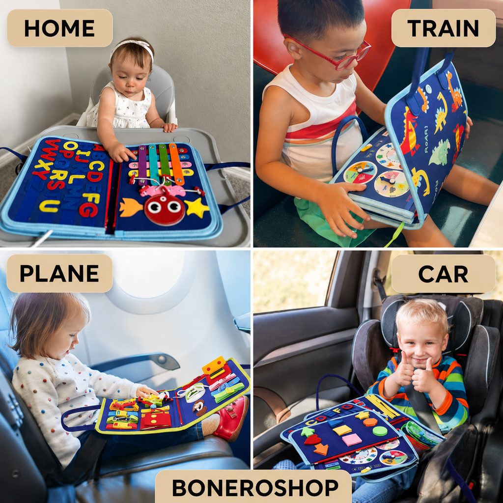 Portable Montessori activity board ideal for car journeys, flights and family visits