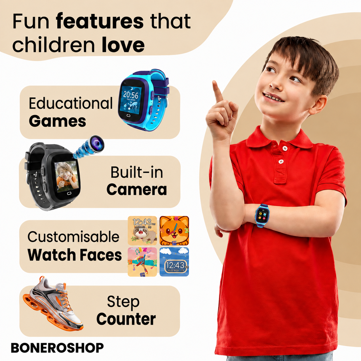 Children's smart watch with heart rate sensor and step counter for activity tracking.