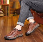 Men's orthopaedic leather boots paired with casual clothing for everyday styling.
