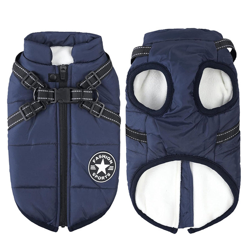 Soft fleece lining and adjustable high collar on winter dog coat