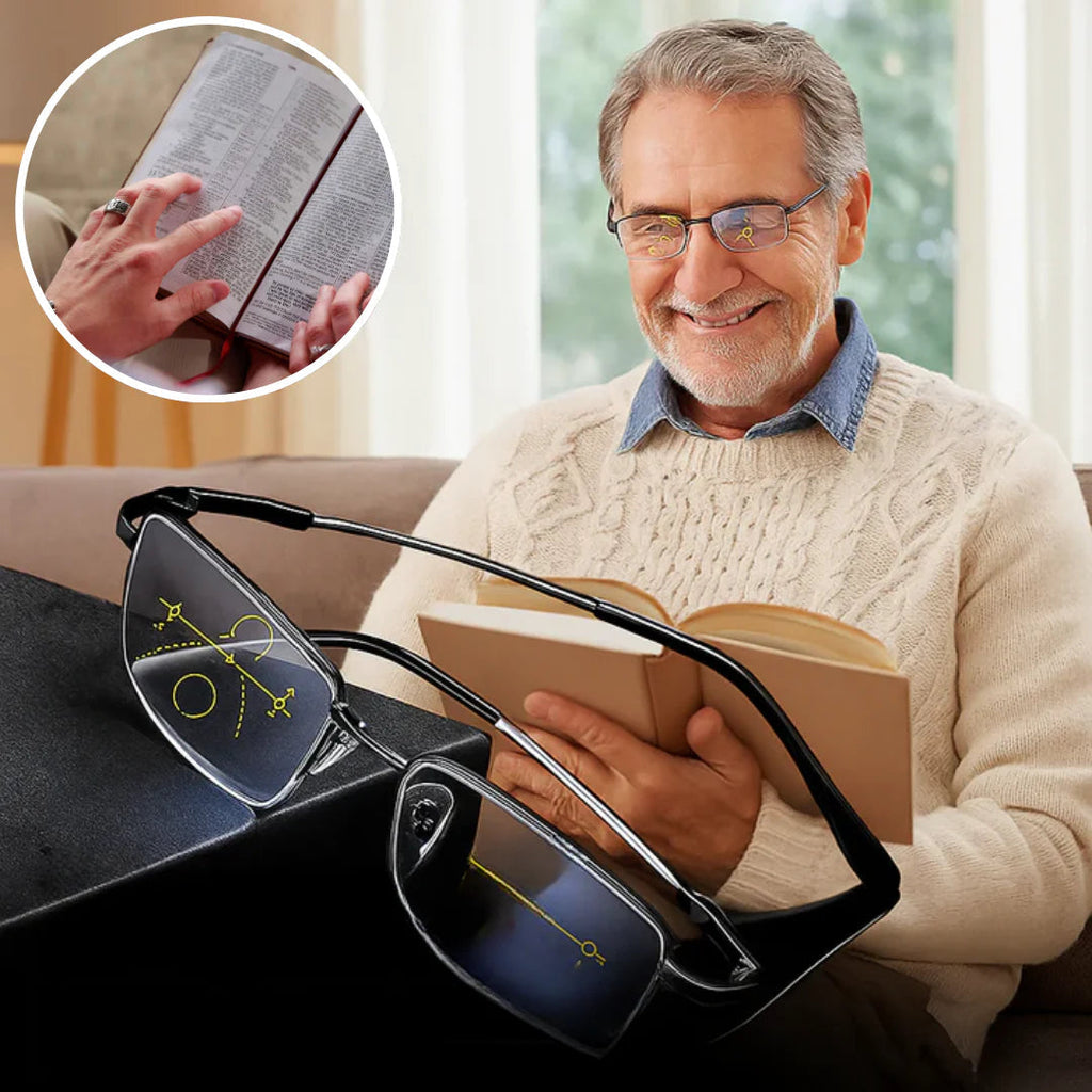 BONEROSHOP German Progressive Reading Glasses outdoors with photochromic lenses darkened for full UV defence.