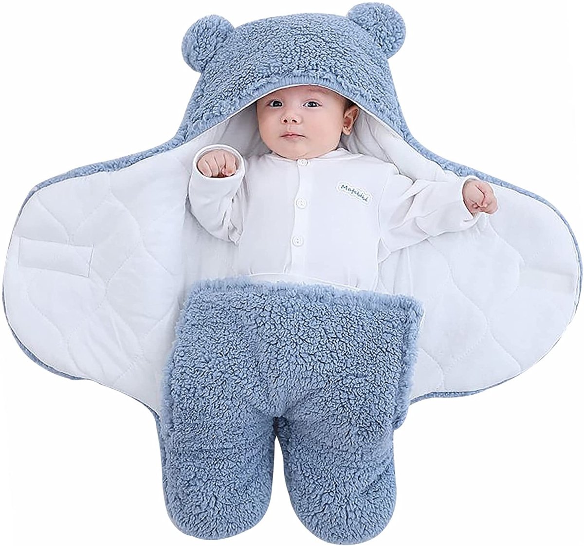 Baby in grey BONEROSHOP sleeping bag during outdoor winter walk, showing warmth and weather protection.