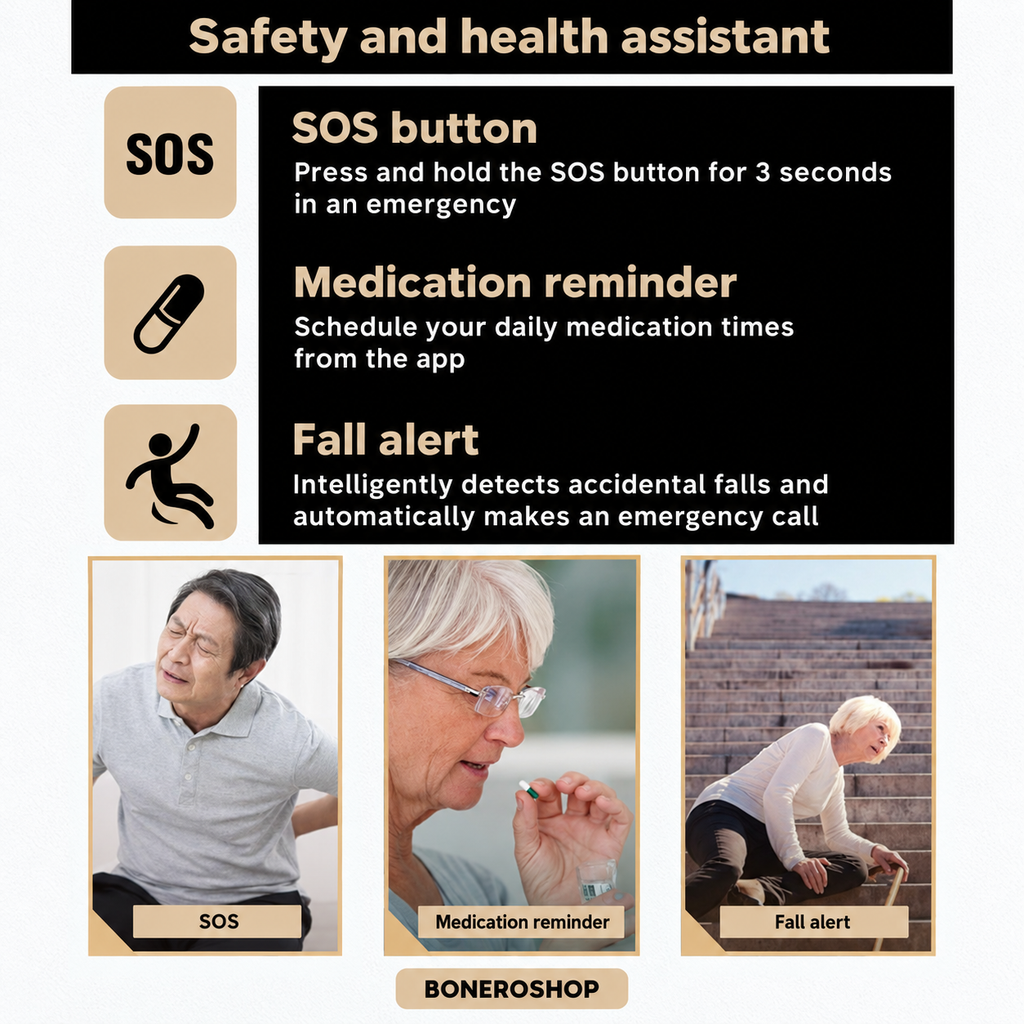 Elderly person using GPS smart watch with SOS button for emergency calls and safety