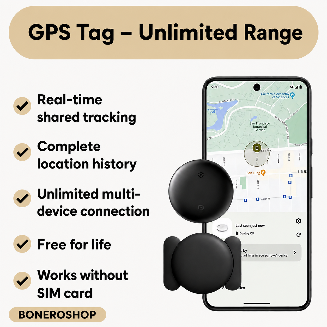 Compact GPS pet tracker offering global tracking without subscription or hidden costs.