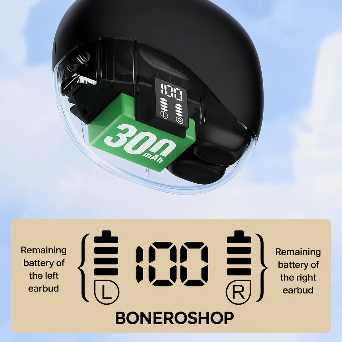 Smart translation earbuds in black colour with compact design