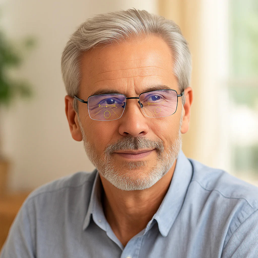 Detail of the scratch-proof and smudge-resistant coating on German Progressive Reading Glasses lenses.