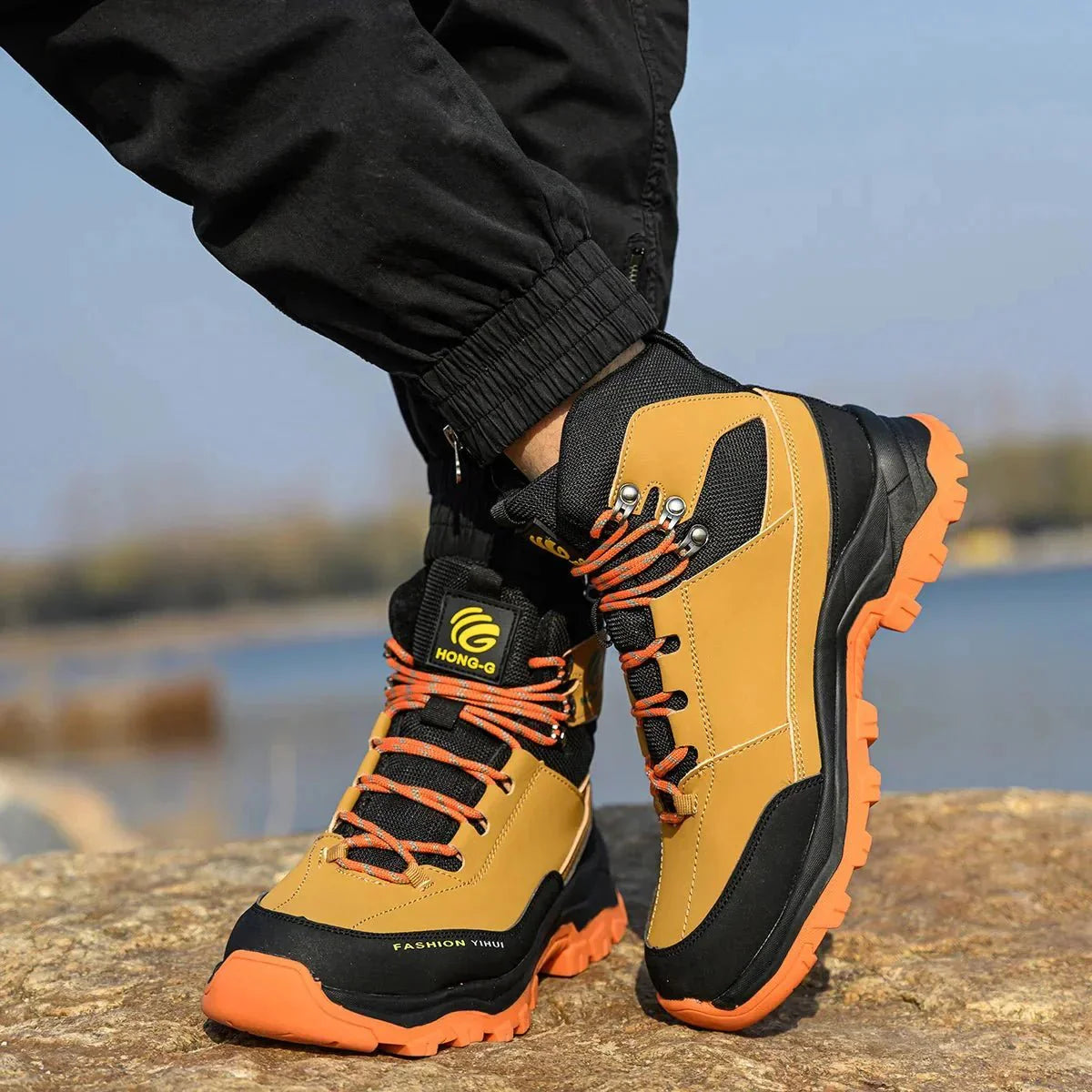 Detail of HONG-G work boot waterproof construction and reinforced stitching for long-lasting wear
